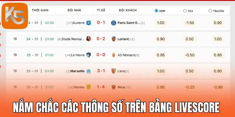 Nắm chắc các thông số trên bảng livescore 