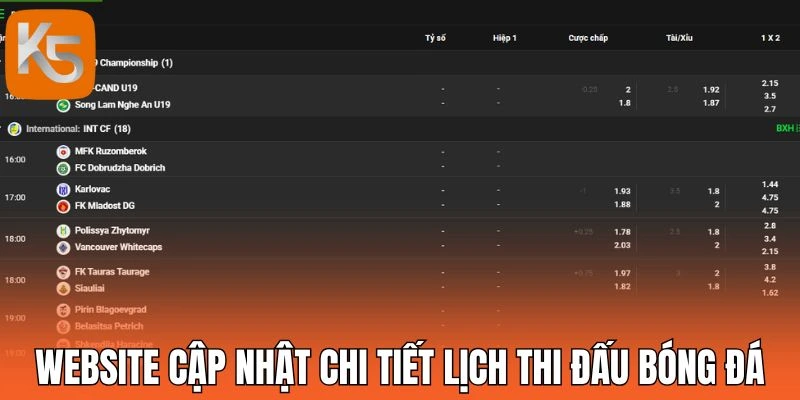 Website cập nhật chi tiết lịch thi đấu bóng đá