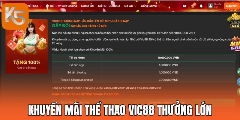 Khuyến mãi thể thao Vic88 thưởng lớn