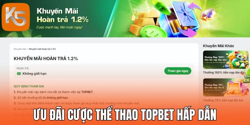 Ưu đãi cược thể thao Topbet hấp dẫn