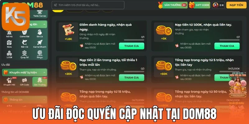Ưu đãi độc quyền cập nhật tại Dom88
