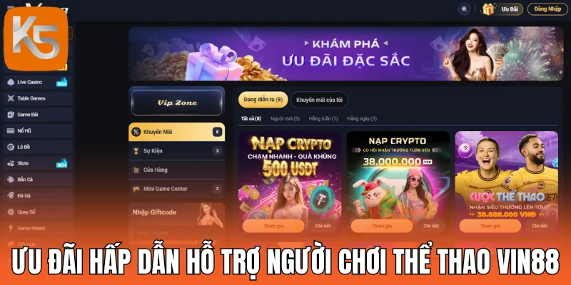 Ưu đãi hấp dẫn hỗ trợ người chơi thể thao Vin88