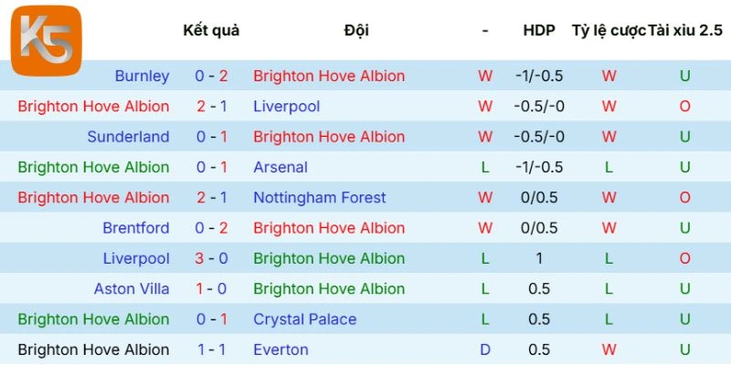 Thành tích ra sân của Brighton cập nhật mới nhất