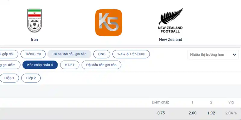 Tỷ lệ cược chấp Châu Á trận Iran vs New Zealand 16/06/2026