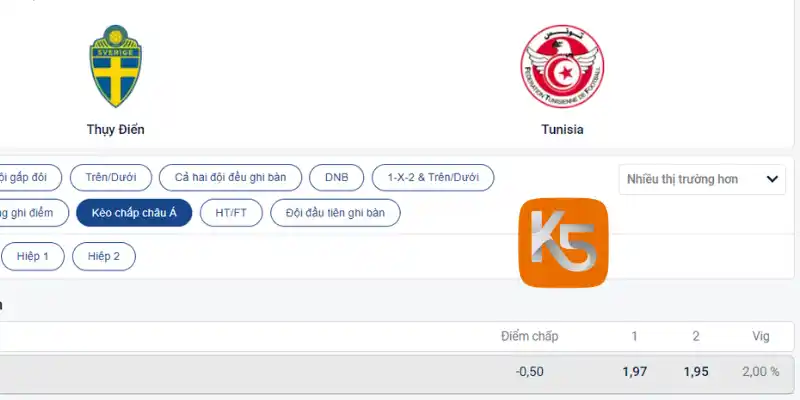 Tỷ lệ kèo chấp Châu Á trận Thụy Điển vs Tunisia 15/06
